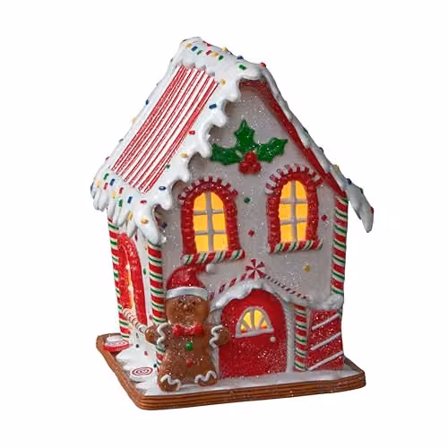 Samuel ALEXANDER Light up Gingerbread Candy Cabin with Warm White LEDs, Red, White and Multicolour, H: 20 cm, W: 15 cm, D: 14 cm – 4
