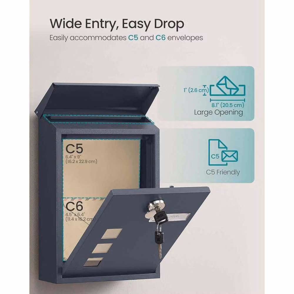 The Bazaarist Wall Mounted Letterbox with Window Nameplate and Lock, Grey – 3