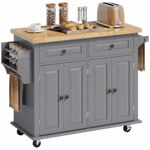 HOMCOM Grey Kitchen Island on Wheels with Rubberwood Top and Spice Rack, W/D/H: 111.0 x 44.5 x 82.5 cm