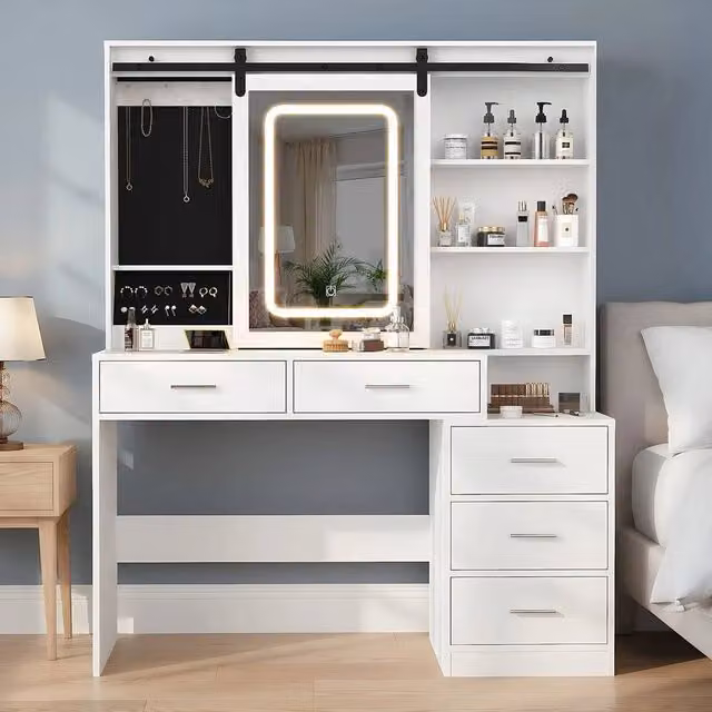 SPETLEK Large Modern White Dressing Table with Drawers and Sliding Hollywood LED Mirror – 1