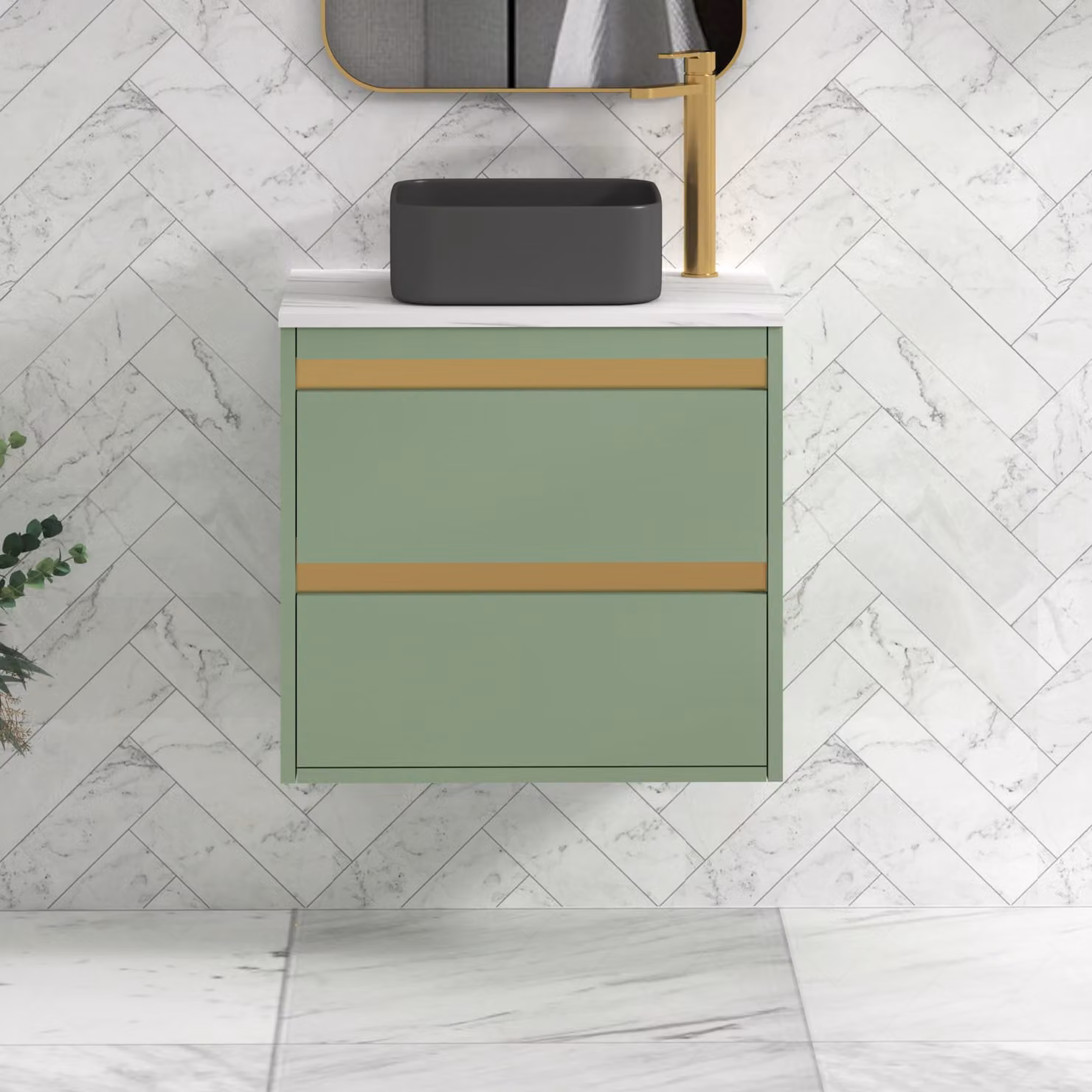 Royal Bathrooms Orion 800mm Wall Hung Mint Sage Vanity Unit with 2 Drawers and White Art Square Basin