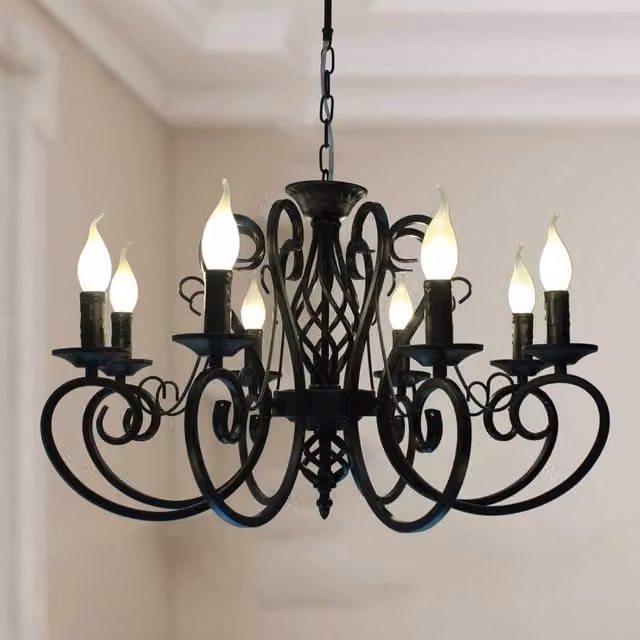 NIVOR French Country Vintage 8-Light Black Metal Candle Chandelier