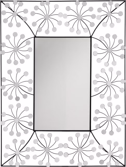 Orsina Floret Art Deco Rectangular Metal Frame Wall Mirror in Silver and Black, W/D/H: 70.5 x 40.0 cm