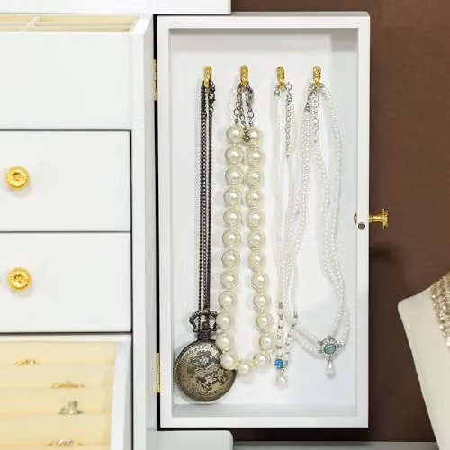 HOMCOM 4-Tier Large Jewellery Box Organiser in White and Gold Wood – 5