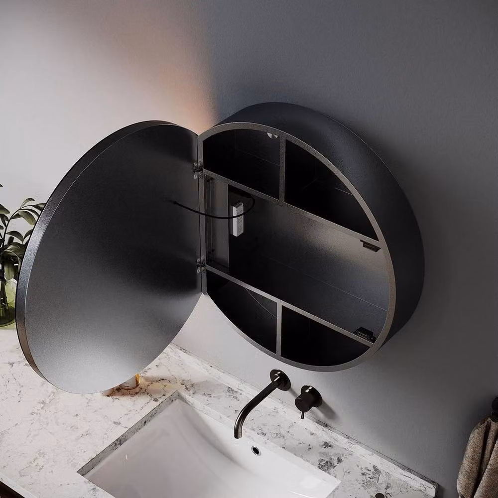 FLAVORA Round Silver Bathroom Mirror Cabinet with LED Lighting and Shaver Socket, W/D/H: 60 x 60 x 14 cm – 3