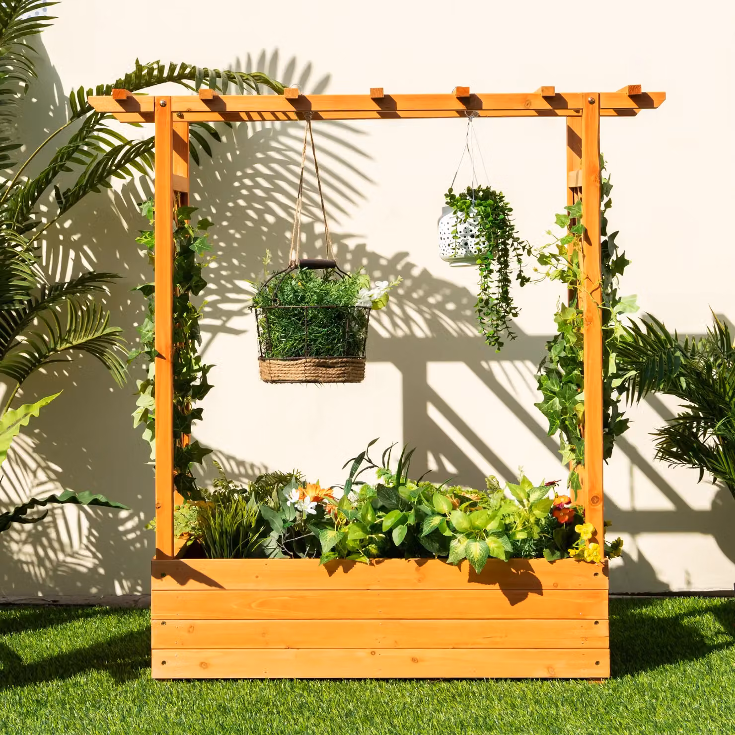 Costway Wooden Raised Garden Bed Planter Box with Side and Top Trellis for Climbing Plants, Orange – 3
