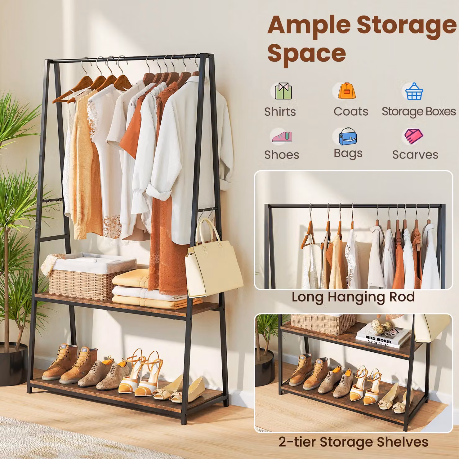Costway Industrial Freestanding Metal Clothes Rail with 2 Shelves in Brown – 5