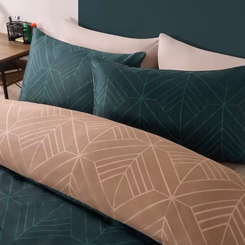 OHS Kingsize Reversible Geometric Duvet Cover and Pillowcase Set in Petrol and Beige, Microfibre Bedding – 2