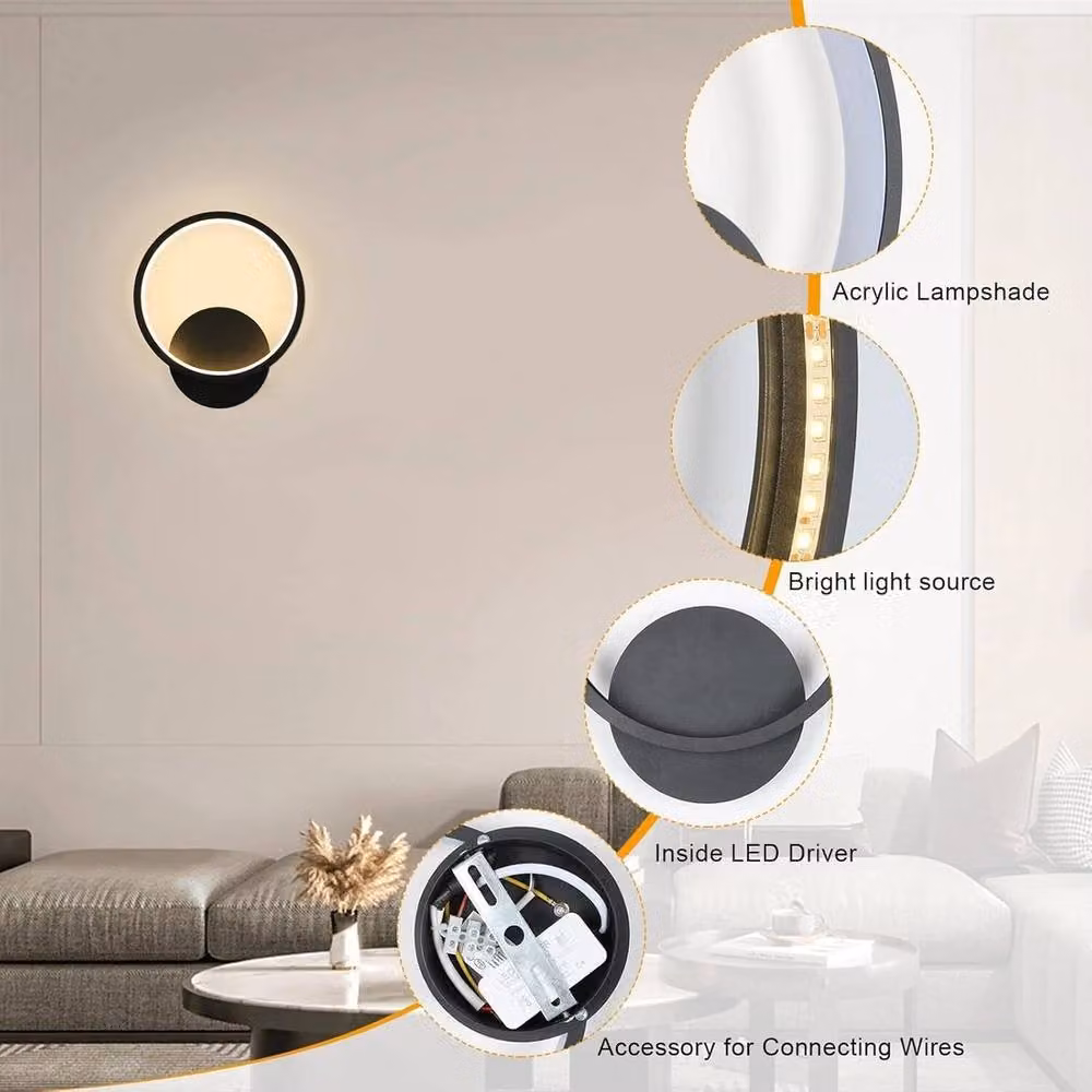 EONLION 12W Modern Round LED Wall Lamp in Black with Warm White Light – 3