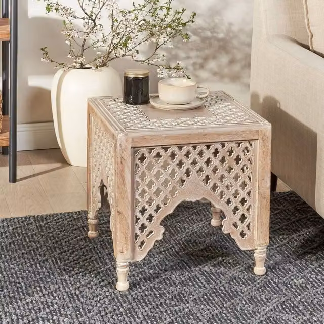 Wyld and Coco Natural Mango Wood Side Table in Brown, W/D/H: 40 x 40 x 40 cm