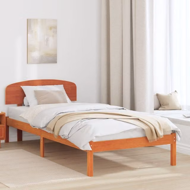 Berkfield Home Solid Wood Pine Bed Frame with Headboard in Wax Brown, W/D/H: 90 x 200 cm – 1