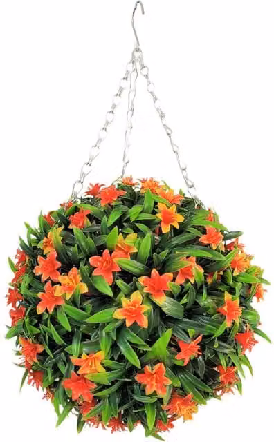 Best Artificial LTD Orange Lily Hanging Basket Topiary Ball, Diameter: 28 cm