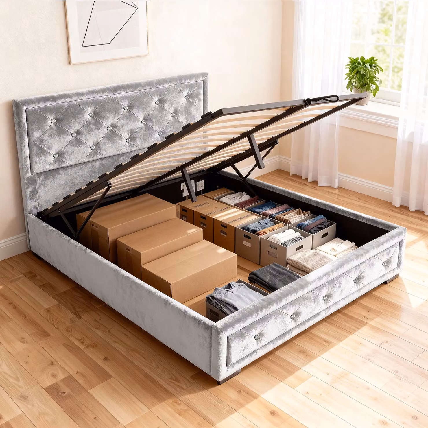 Comfy Living Ltd Silver Crushed Velvet Upholstered Bedframe with Lift Up Base, W/D/H: 140 x 200 x 110 cm – 7