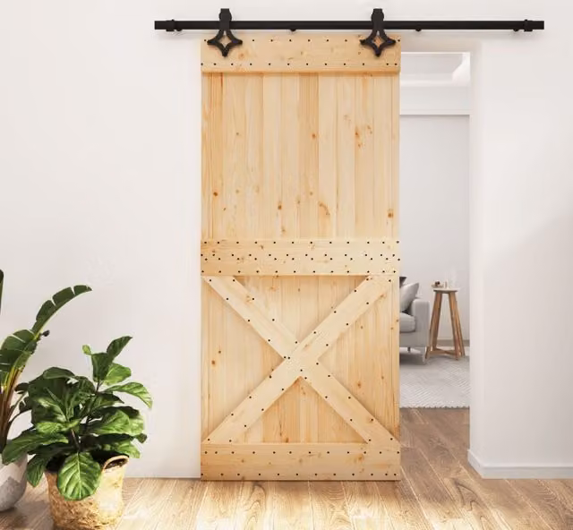 Berkfield Home Rustic Sliding Door with Hardware Set, Solid Brown Pine Wood, W: 95 cm, H: 210 cm – 1