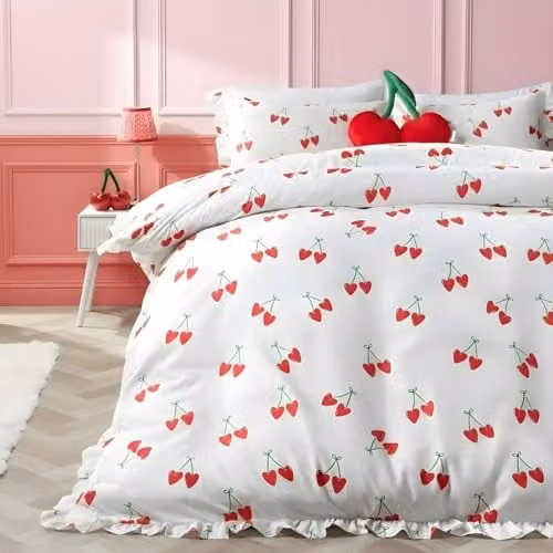 OHS Cherry Single Duvet Cover and Pillowcase Set in Red and White Microfibre Polyester, W/D/H: 135 x 200 cm and 50 x 75 cm
