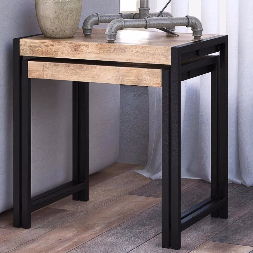 IH Design Franciscan Mintis Nest of 2 Industrial Style Tables in Brown Wood and Metal – 4