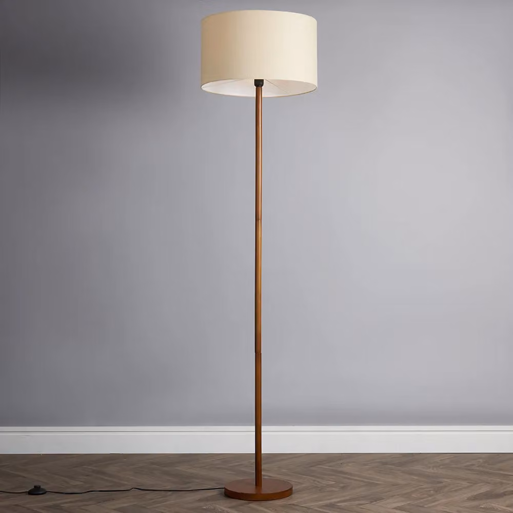 ValueLights Heather Dark Wood Floor Lamp with White Fabric Drum Shade and LED Bulb – 2