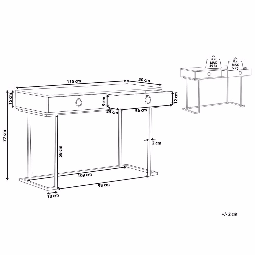 Wyld and Coco Glam Console Table with 2 Drawers, Black Matte Top and Gold Base, W: 115 cm, D: 50 cm, H: 77 cm – 3