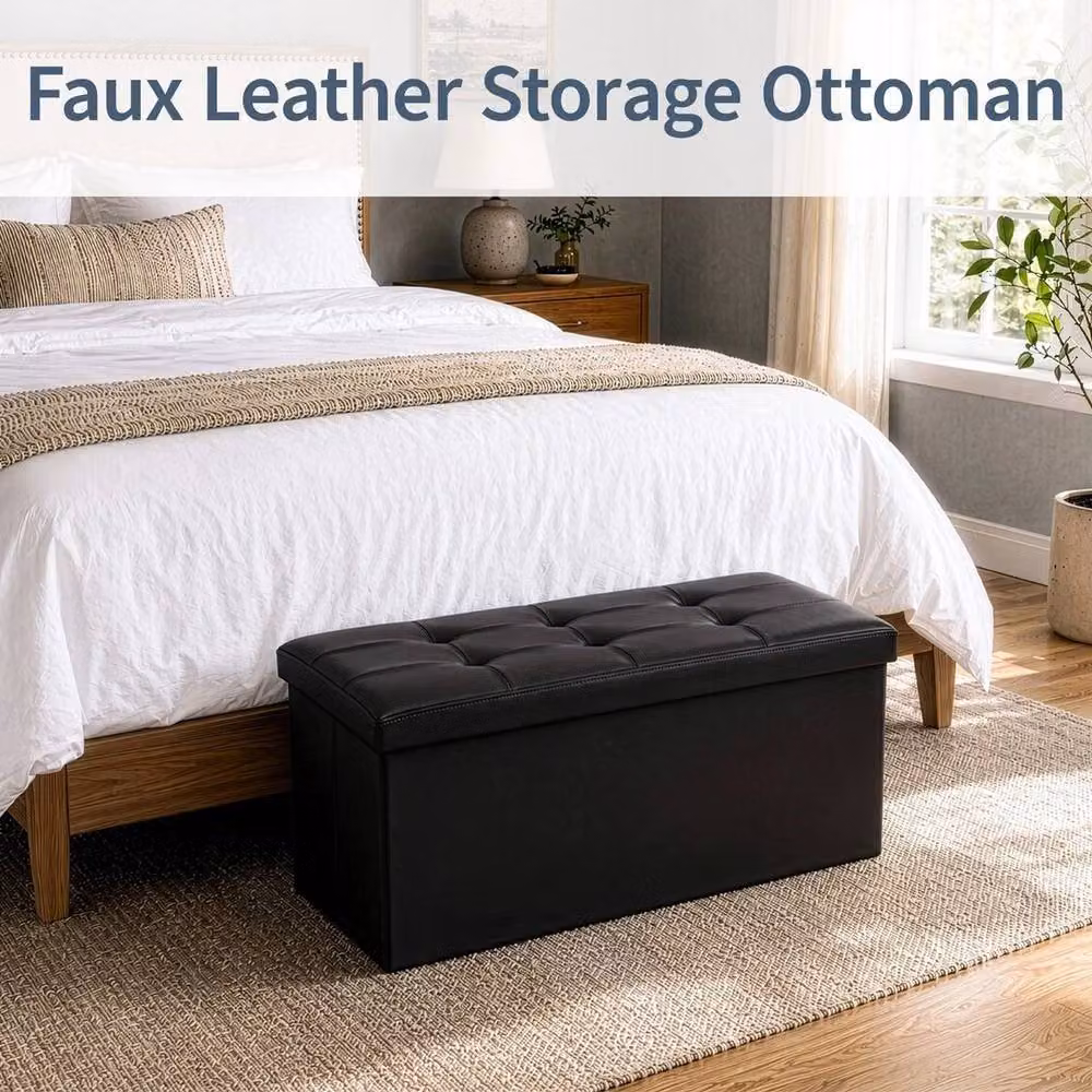 KORVIXA Black Faux Leather Foldable Storage Ottoman, W/D/H: 76 x 37 x 37 cm – 3