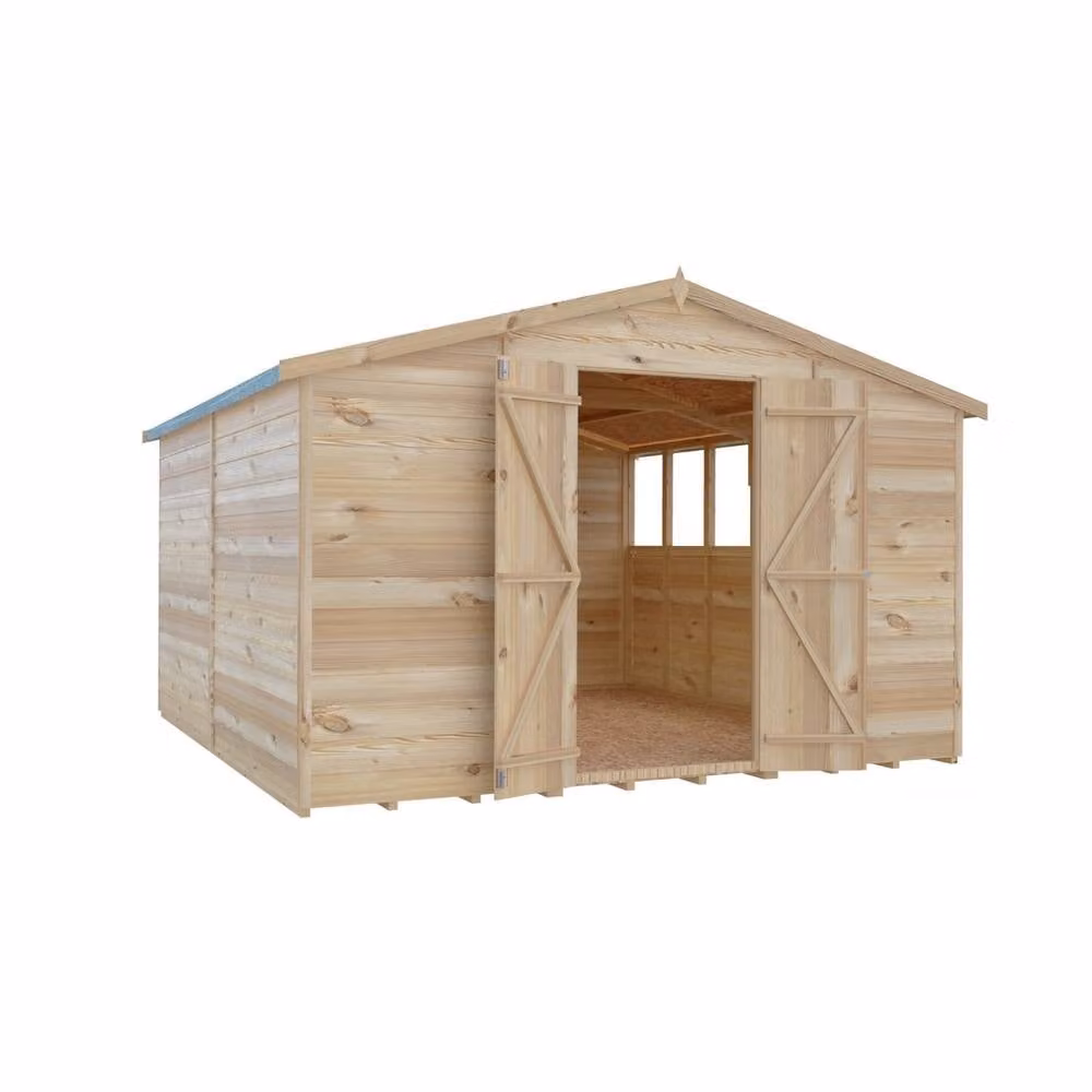 Shires Brown Dip Treated Overlap Apex Shed with Double Doors and Windows, W: 304.8 cm, D: 304.8 cm, H: 213.4 cm – 2
