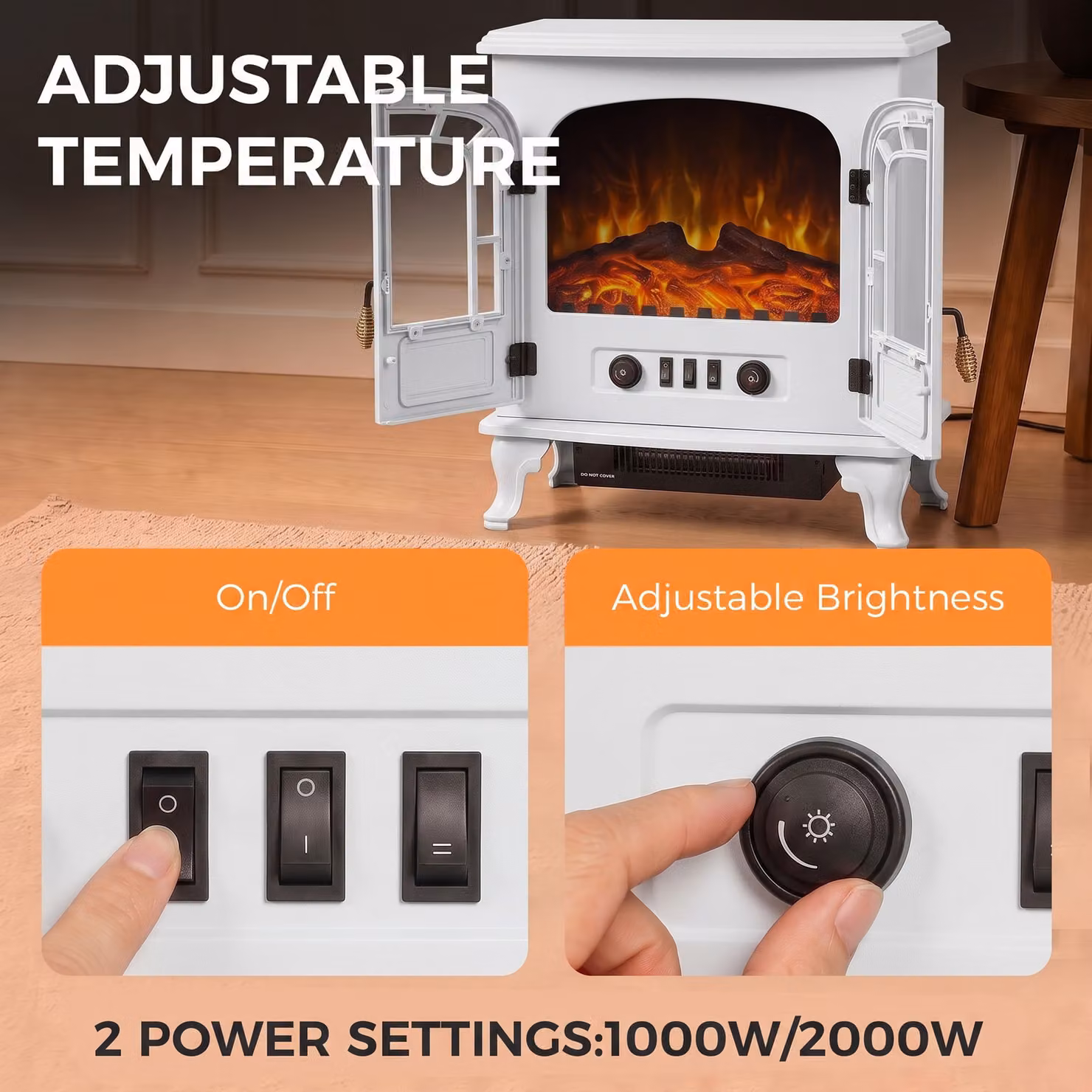 HOMCOM Freestanding Electric Fireplace Stove Heater with LED Flame Effect in White – 5