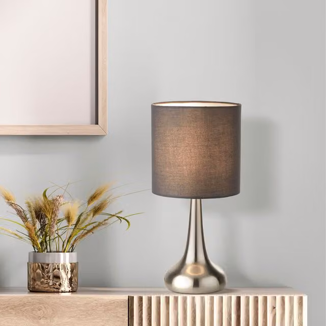 Lighting Collection Modern Dimmable Touch Table Lamp in Satin Silver with Dark Grey Fabric Cylinder Shade