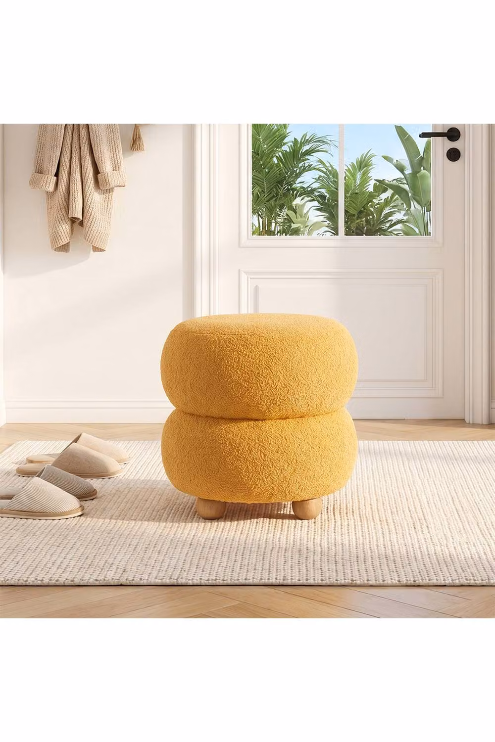 Living and Home Round Yellow Teddy Fleece and Bouclé Upholstered Footstool – 3