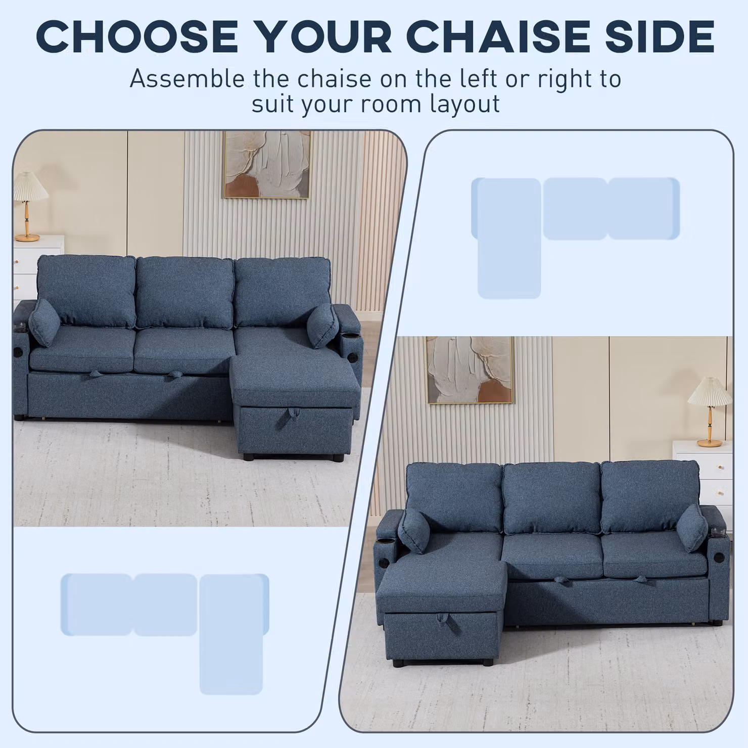 HOMCOM L-Shaped Corner Sofa Bed in Blue with Reversible Storage Chaise, USB Charging and Cup Holders – 5