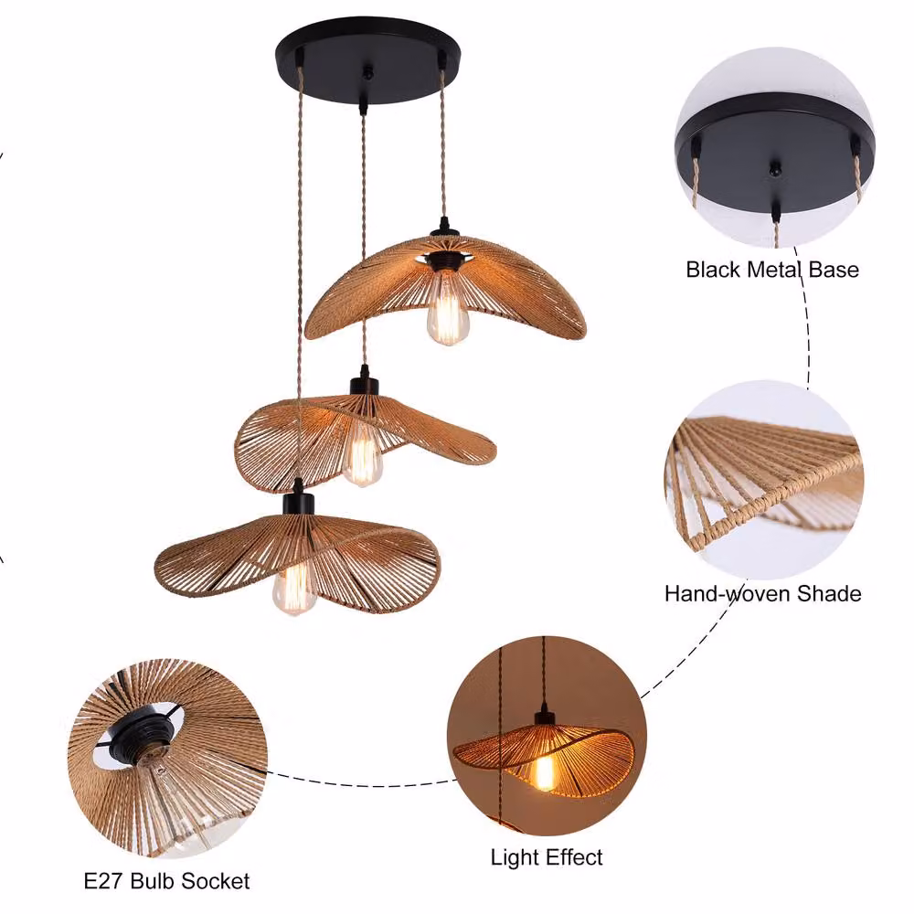 NIVOR 3-Light Rattan Farmhouse Cluster Pendant Light, Brown Boho Style Suspended Ceiling Chandelier – 7