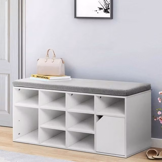 Livingandhome White Hallway Shoe Storage Bench Cabinet with Fabric Padded Cushion Seat