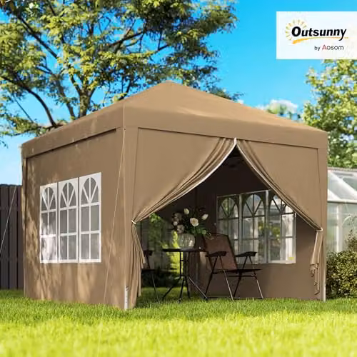 Outsunny Pop Up Gazebo Canopy Marquee with Windows in Beige and Brown – 2