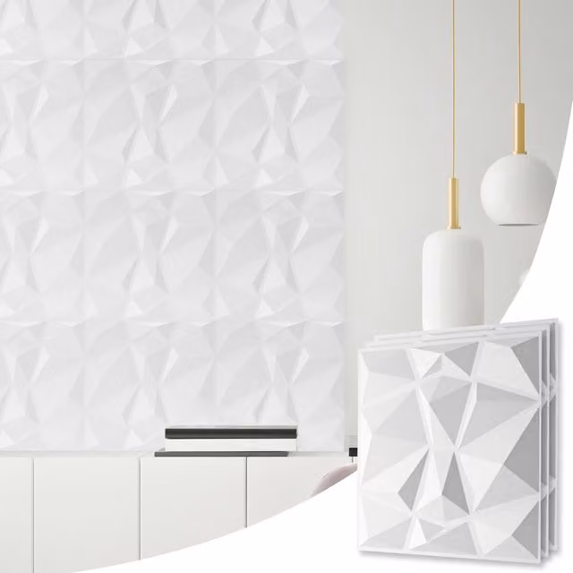 NOVECRAFTO White Geometric 3D PVC Wall Panels with Diamond Design, W/D/H: 50 x 50 x 0.25 cm