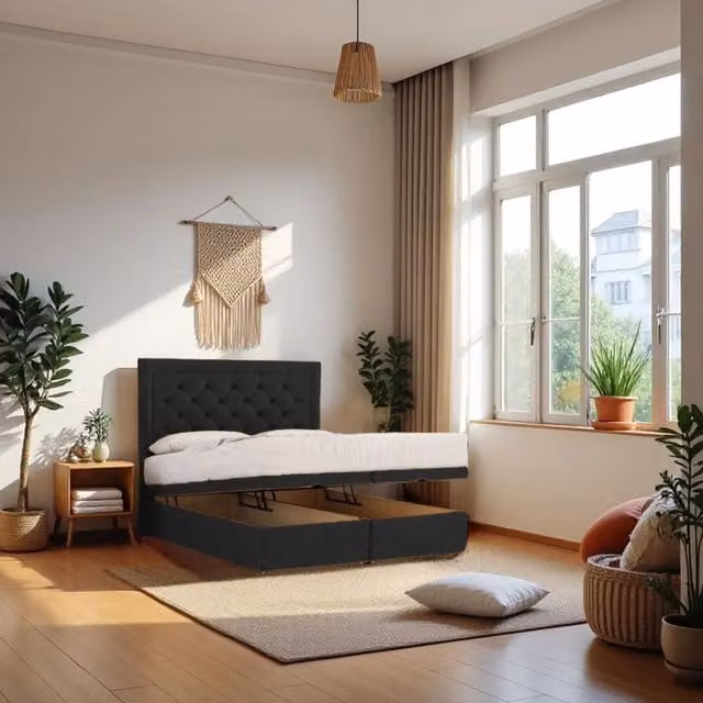 Knight Sleep Athens Double Ottoman Bed with Hybrid Mattress and 24 inch Headboard in Black
