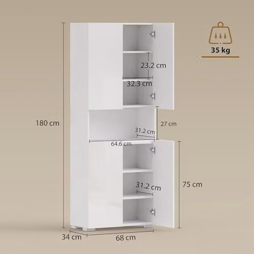 HOMCOM Modern Glossy White Kitchen Pantry Cupboard with Soft Close Hinged Doors, H 180 x W 42 x D 34 cm – 2