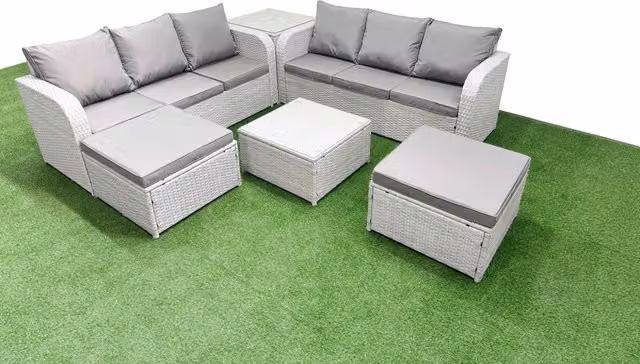 Fimous 8 Seater Grey Rattan Garden Furniture Set with High Back Sofa, Square Coffee Table and 2 Ottomans