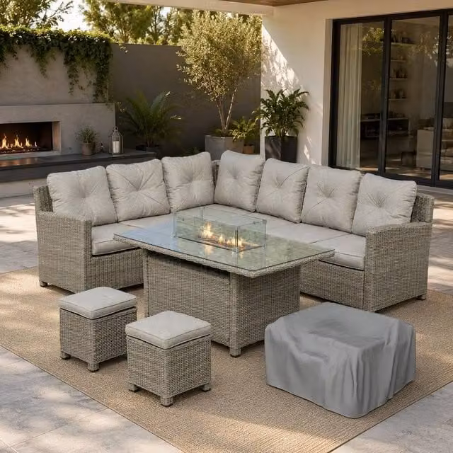 STILVORA 8-Seater Grey Outdoor Sofa Set with Fire Pit Table and Upholstered Olefin Cushions – 1