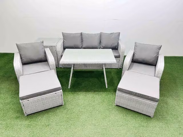 Fimous Modern Garden Furniture Set in Light Grey with 3-Seater Sofa, Lounge Armchairs, Ottoman and Coffee Table