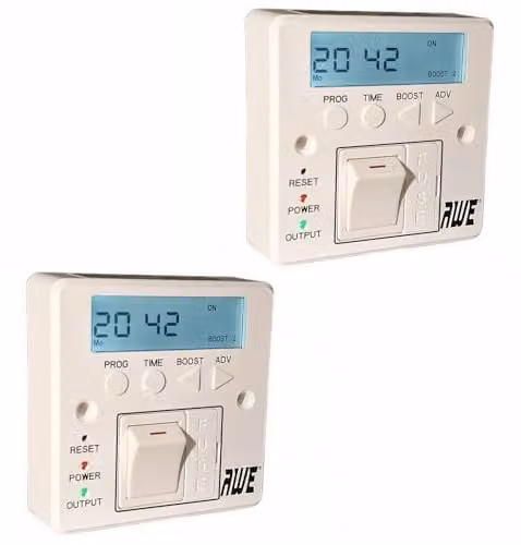 Awe 2 x 7-Day Digital Fused Timer Spur for Electric Heating, Immersers, Aga-Range Cookers, Towel Rails and Lights with Programmable Display and Rechargeable Cell – 1