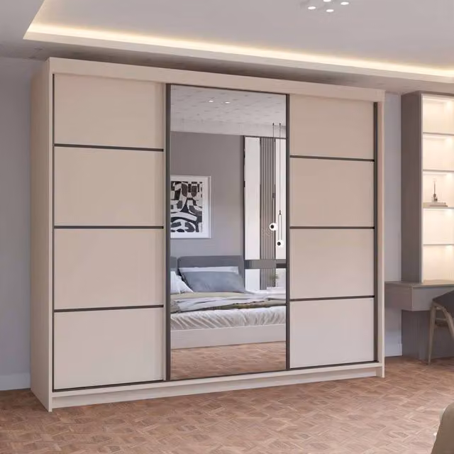 MN Furniture Pearl Contemporary 3 Door Sliding Wardrobe with Mirror in Beige W/D/H: 250 x 217 cm