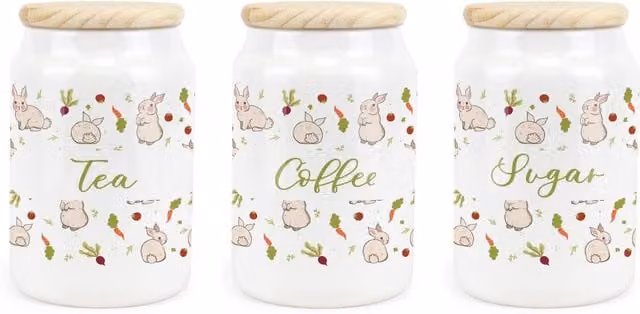 Purely Home Allotment Rabbits Ceramic Tea, Coffee and Sugar Storage Canister Set in Green and White with Floral Design