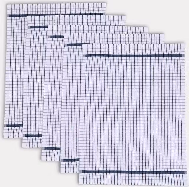 M&S Set of 5 Highly Absorbent Checked Terry Tea Towels in Blue and White with Hanging Loops