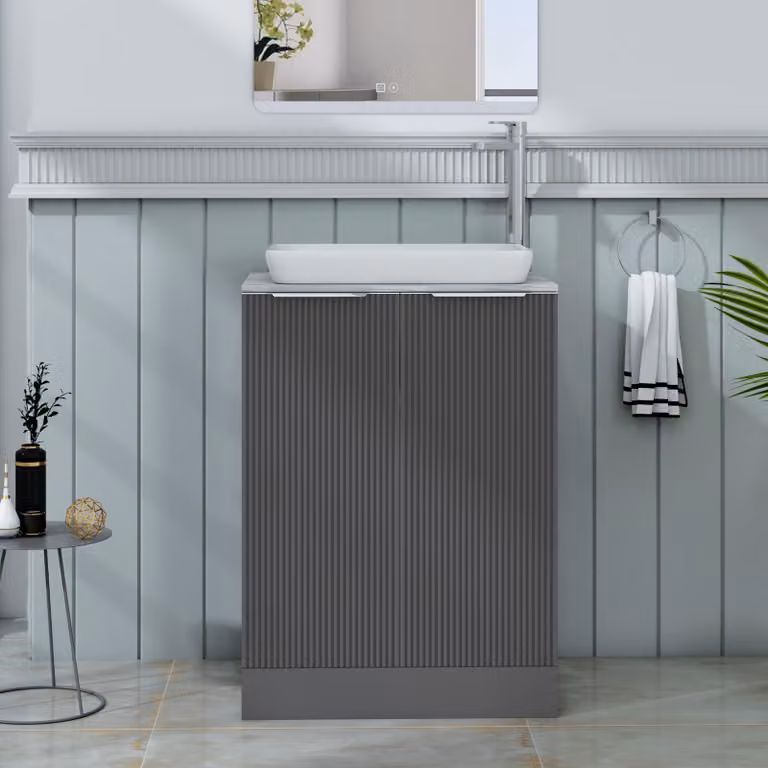 Royal Bathrooms Evora 600mm Graphite Grey Fluted Floor Standing Countertop Vanity Unit with Qubix Basin and 2 Soft Close Doors