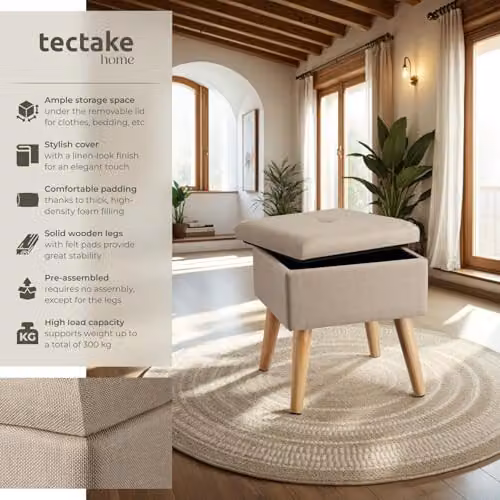 tectake Elva Storage Stool with Padded Removable Top in Sand, W/D/H: 36.5 x 32.5 x 32.5 cm – 3