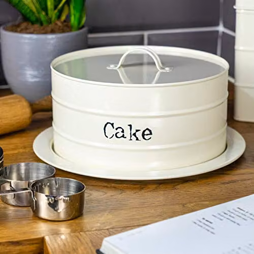 Harbour Housewares Vintage Round Metal Cake Tin with Airtight Lid in Beige/White – 3