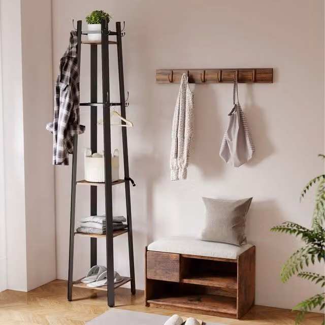 HOMCOM Industrial Coat Stand with 4 Storage Shelves and 8 Hooks in Rustic Brown and Black