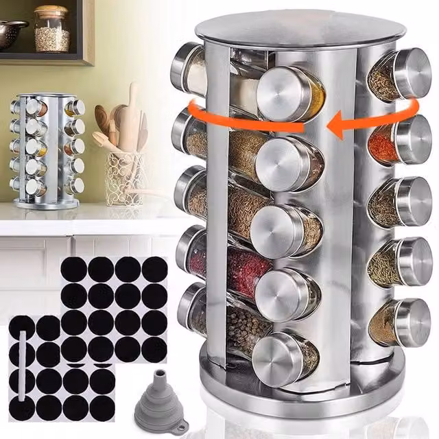 VOGREX Rotating Stainless Steel Spice Carousel Rack with 20 Jar Stand in Silver