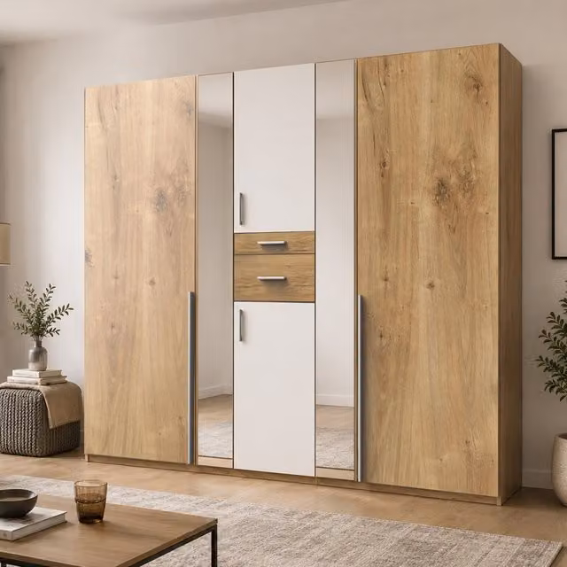 Odessa Modern 5 Door Wardrobe in Oak and White with Mirror, W: 225 cm