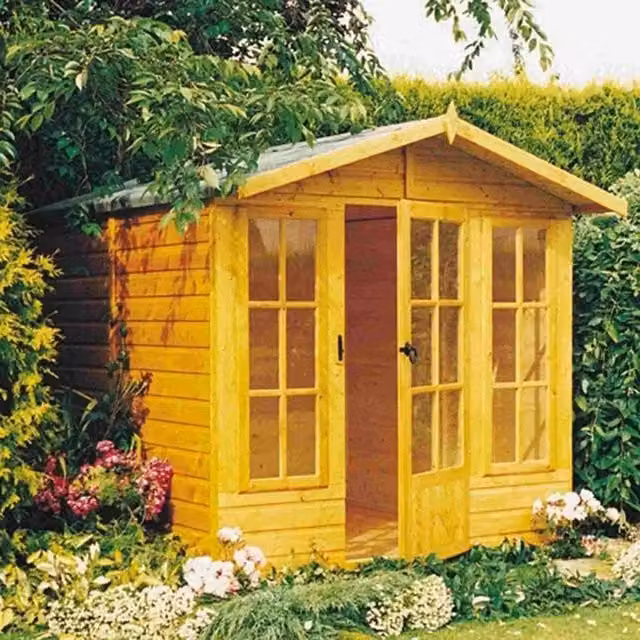 Shires Badminton Summerhouse in Light Brown with Single Door and Two Opening Windows, W: 210.4 cm, D: 204.8 cm, H: 204.8 cm