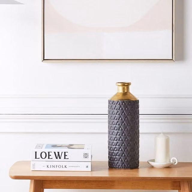 Wyld and Coco Black and Gold Geometric Ceramic Table Vase, Height: 39 cm