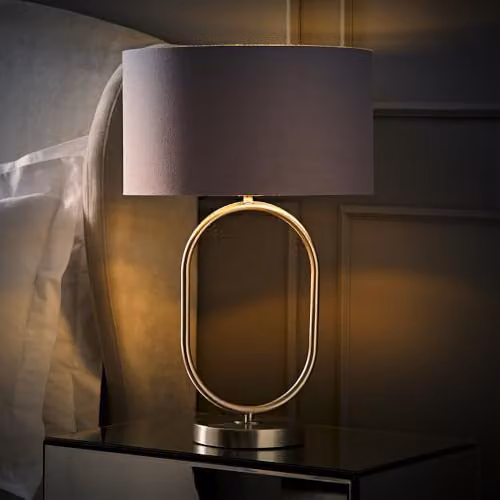 ValueLights Antonia Oval Table Lamp with Grey Fabric and Chrome Drum Shade – 2